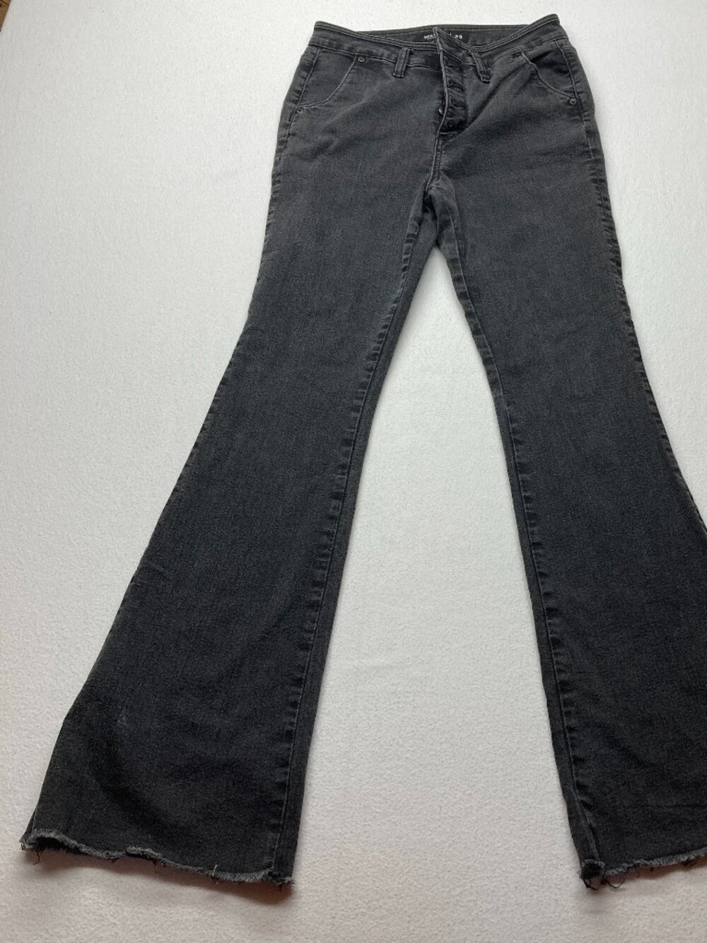 MISS ME High-Rise Flare Wide Leg Raw Hem Faded Black Denim Buttoned Women's *30